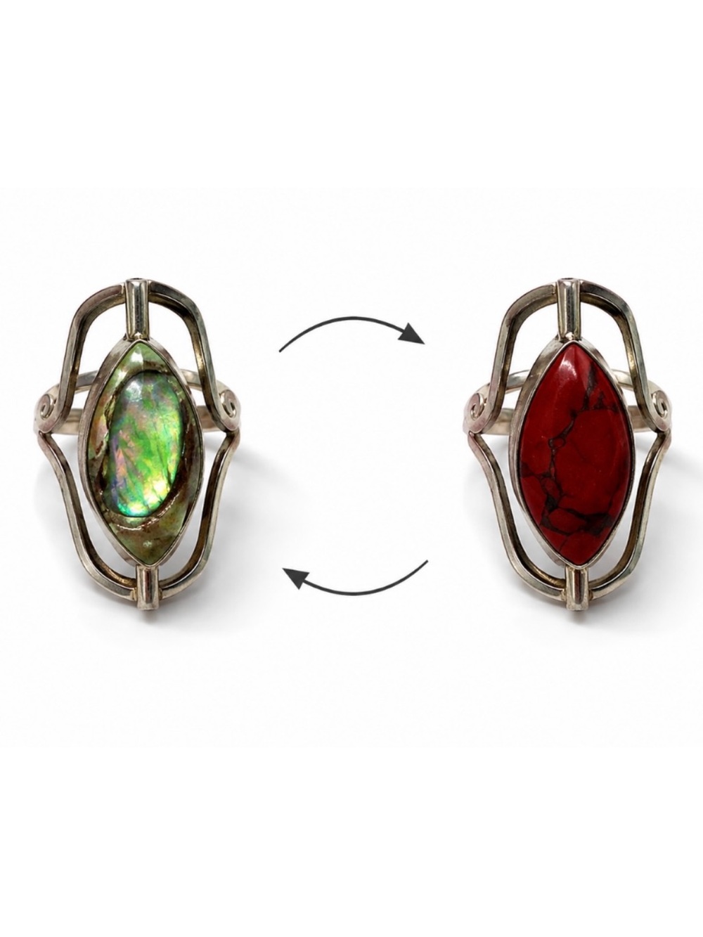Elegant Flip Red Jasper Onyx Gemstone/Abalone Stone Ring size 9.5